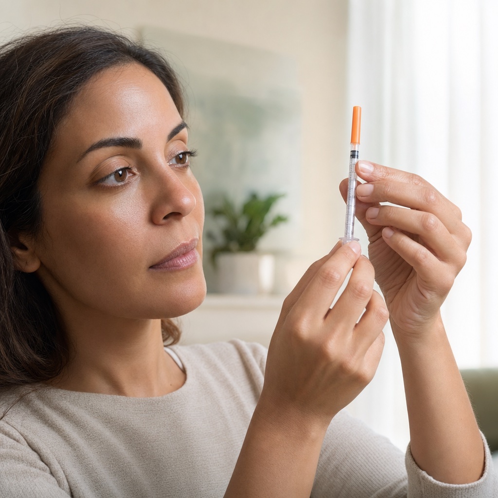 Checking a pre-filled syringe at eye level