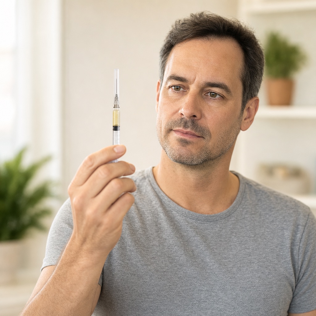 Checking a pre-filled syringe at eye level