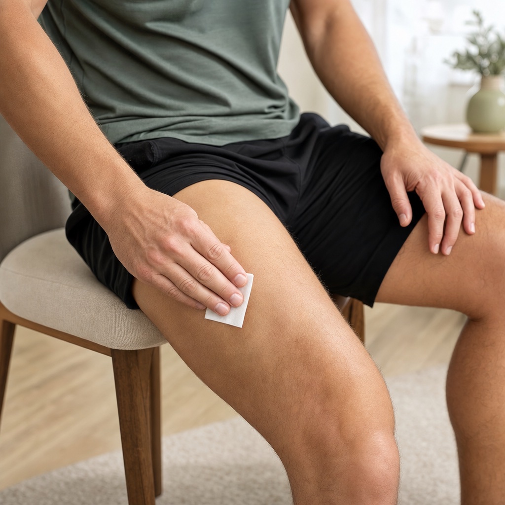 Cleaning the outer mid-thigh with an alcohol swab
