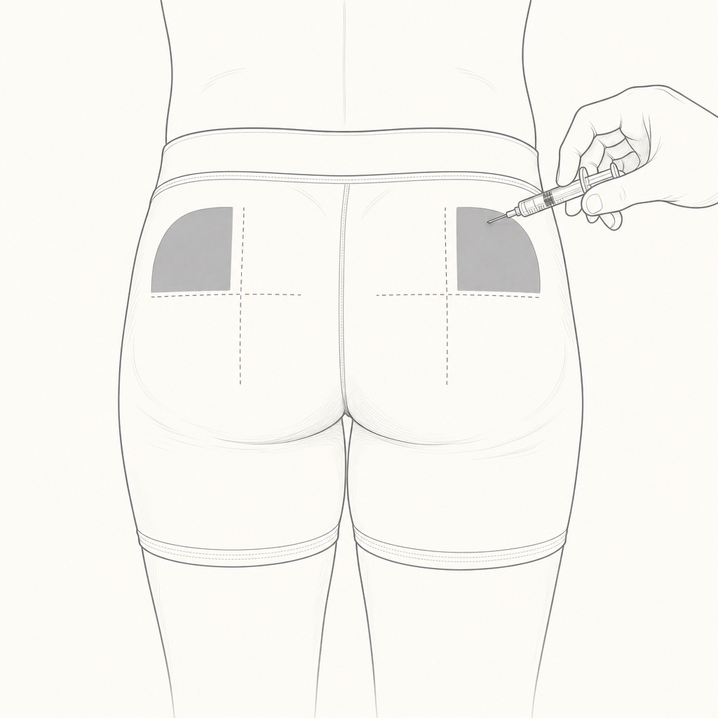 The buttock divided into quarters, with the upper outer quarter marked