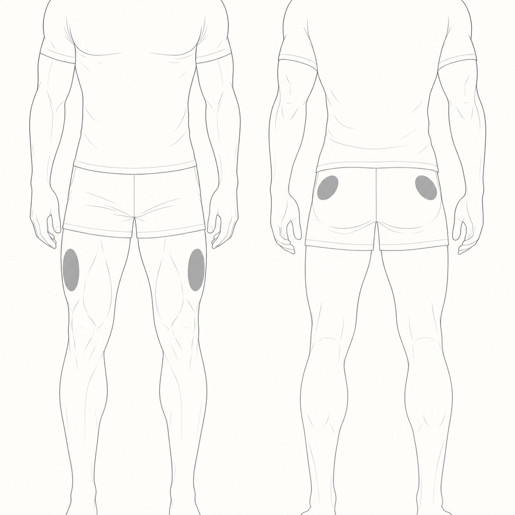 Intramuscular injection site zones: outer mid-thigh and upper-outer buttock
