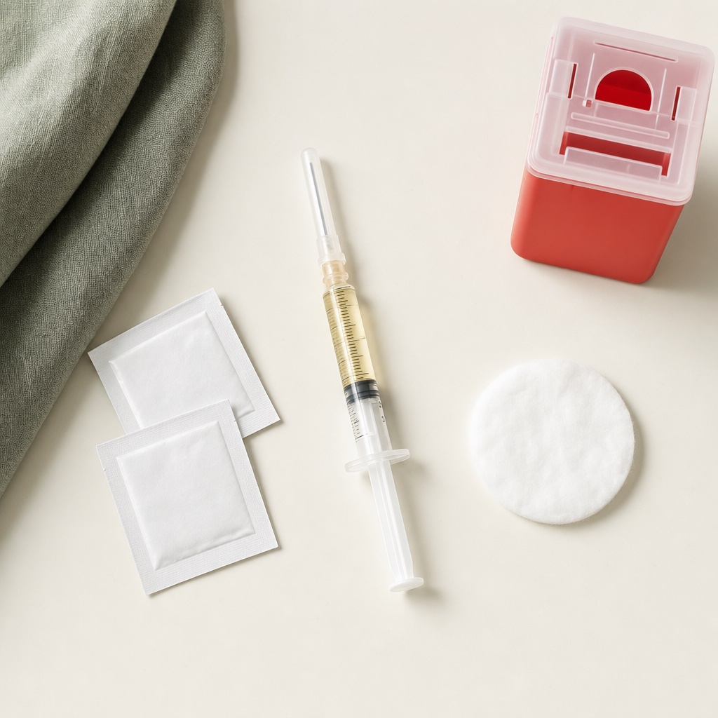 Supplies laid out: pre-filled syringe, alcohol swabs, cotton pad, sharps container