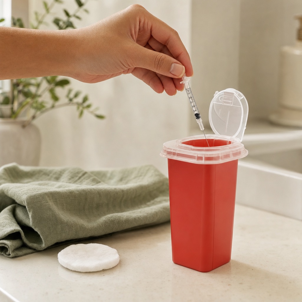Placing the used syringe in a sharps container