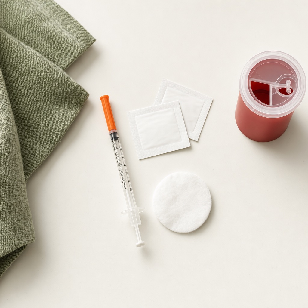 Supplies laid out: pre-filled syringe, alcohol swabs, cotton pad, sharps container